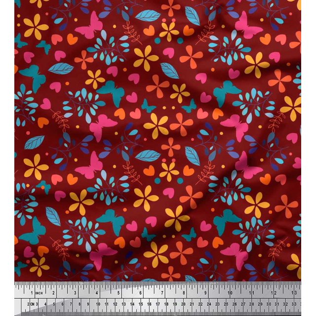 Soimoi Red Georgette Viscose Fabric Flower & Butterfly Print Sewing Fabric BTY 42 Inch Wide