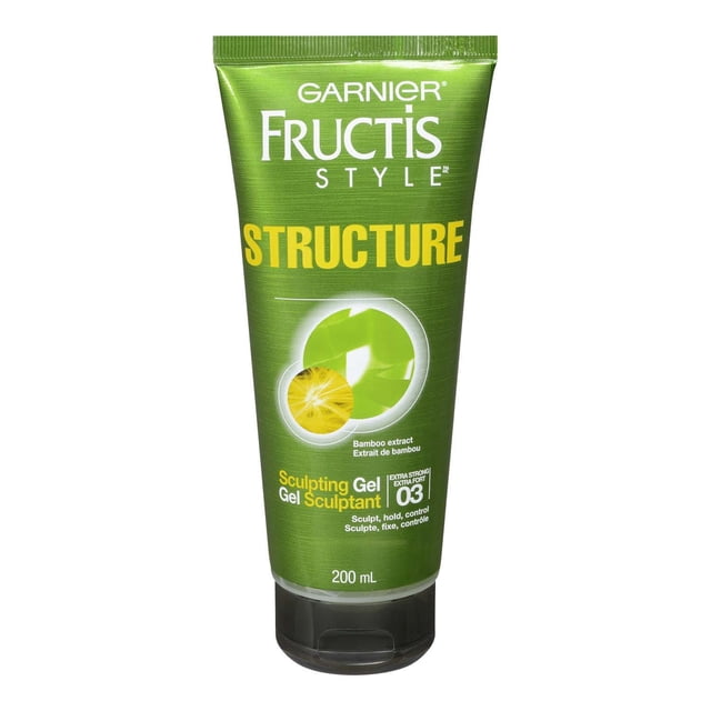 Garnier Fructis Style Structure Sculpting Hair Gel 200 ml in a green tube with bamboo extract, providing extra strong hold and control for sculpting hair without residue or stiffness, suitable for dry or damp hair styling.