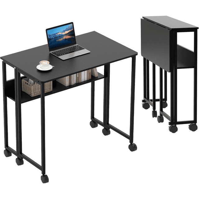 BeesClover Folding Desk Mobile Small Rolling Computer Desk,24.8 Inch Foldable Laptop Cart Table with Wheels,Portable Office Desk for Small Space Couch Bed,Easy Assembly