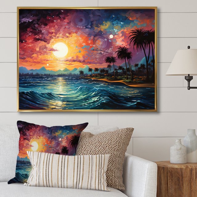 Designart Large Palms & Palm Trees framed wall Art, Colorful Bold Palm Trees horizon I , Palms & Palm Trees framed wall art decor, Multi-Color Traditional Gold framed wall art, Gold Frame