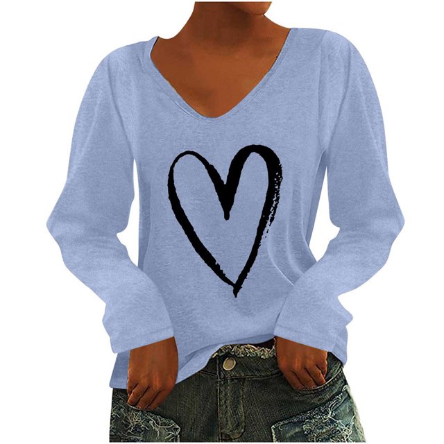 Pompotops T-Shirt à Manches Longues à Col en V Imprimé Décontracté pour Femmes, Chandail, Hauts, Liquidation