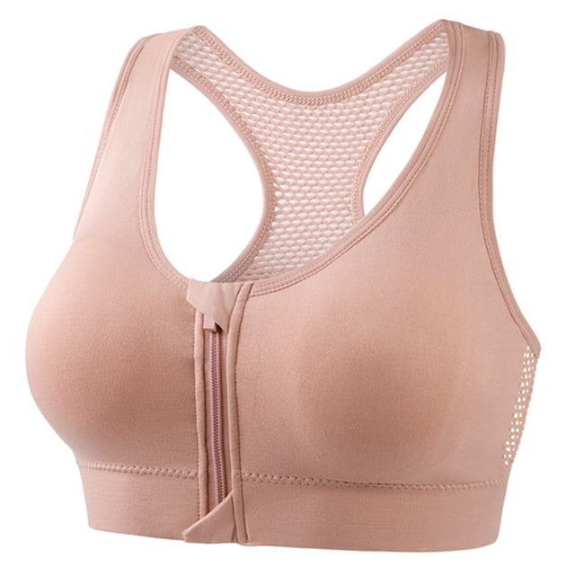 Pisexur Sports Bras Zip Front Closure Womens Bras Breathable Mesh Racerback Sports Bras for Women High Impact Womens Bralettes High Support Workout Running Bras S-4XL. A light beige sports bra with a zip front closure and racerback design featuring breathable mesh panels for ventilation. Designed for high-impact activities, it offers high support and comfort with a soft, elastic band. Available in sizes S to 4XL, catering to various body types.