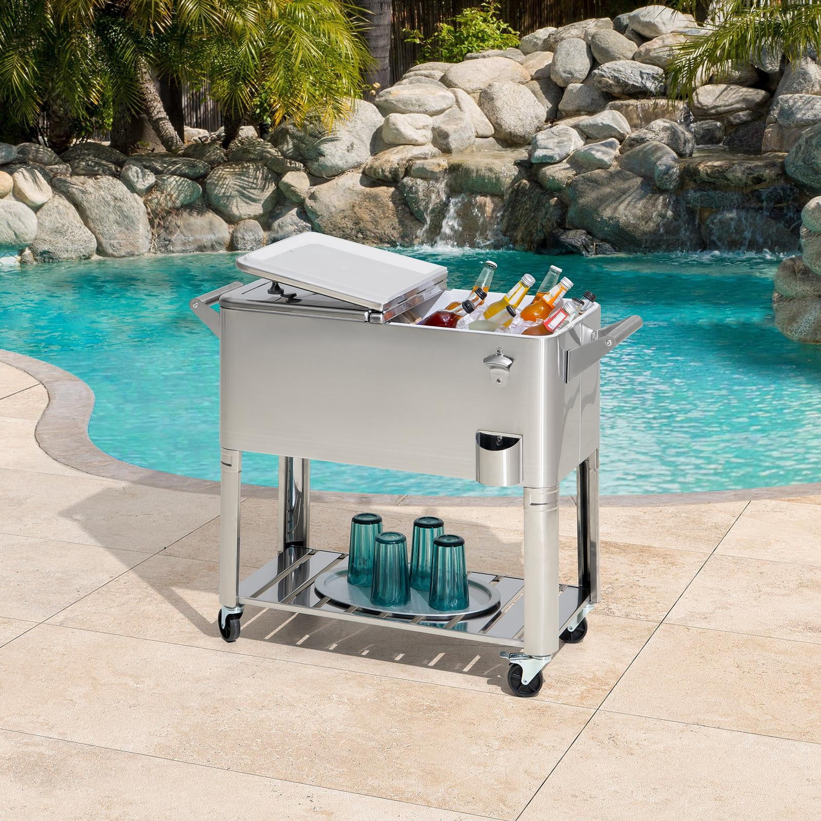 Chariot à glacière Sunjoy 80 Quart en acier inoxydable avec ouvre-bouteille en acier, étagère et roues verrouillables