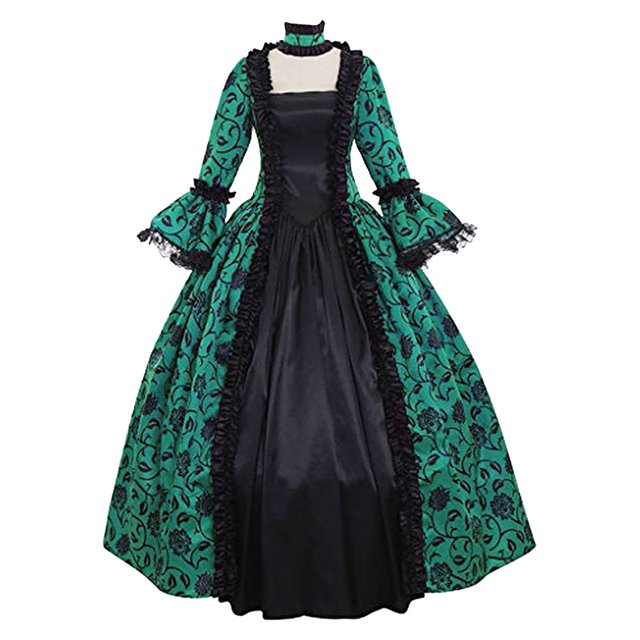 Pompotops Women Fall Winter Gothic Retro Floral Print Ball Gowns Gowns Dress