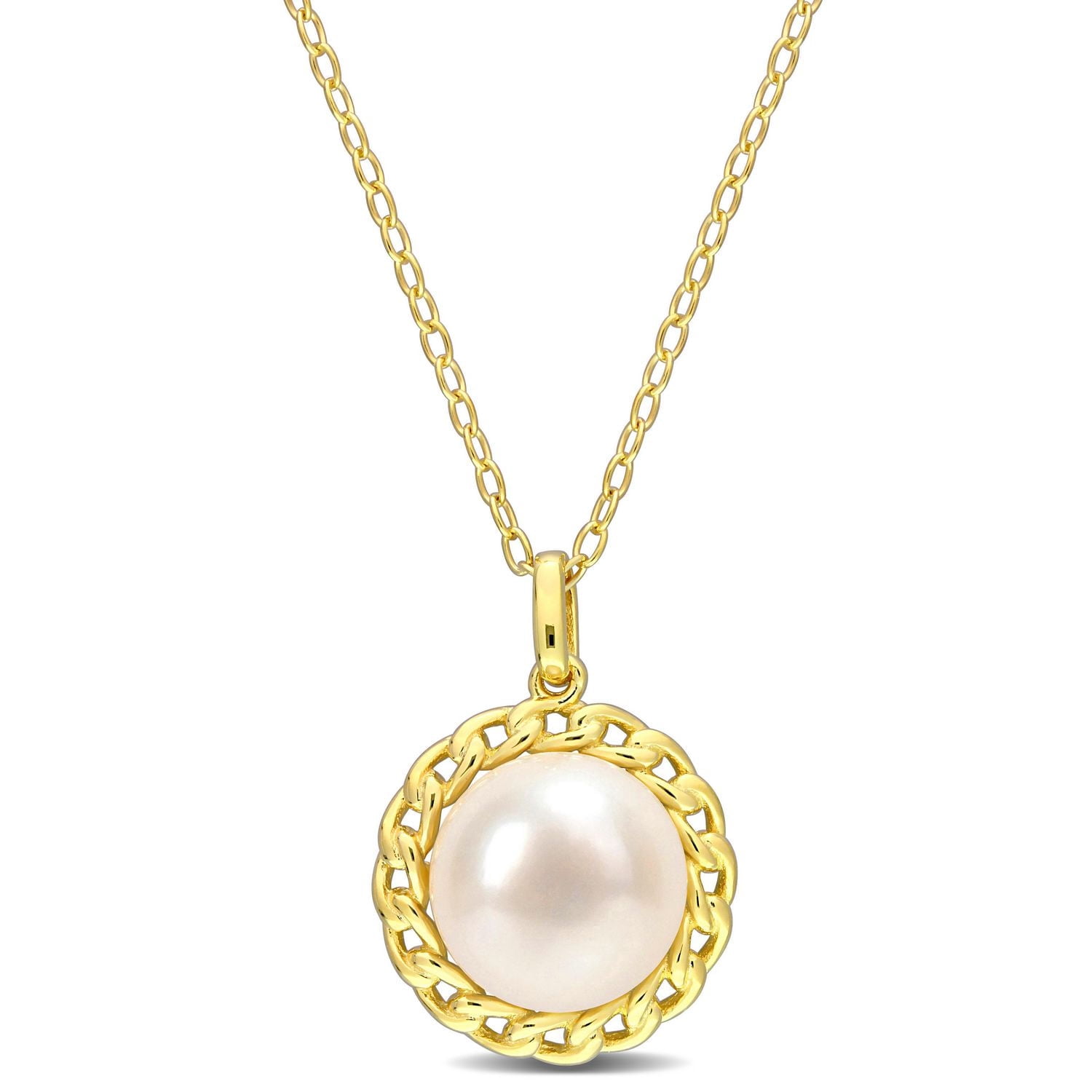 Miabella Freshwater Cultured Pearl Yellow Rhodium Plated Sterling Silver Halo Braided Link Necklace