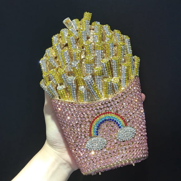 XIYUAN French Fries Bag Elegant Bling Women Crystal Clutch Evening Bags Rhinestone Flower Minaudiere Handbags Wedding Party Bags