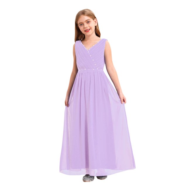 Yartina Robe Plissée en Mousseline pour Demoiselle d'Honneur Junior Fille, Fille aux Fleurs, Sans Manches, Perlée, Danse, Fête, Bal, Robe de Bal Lavande 10