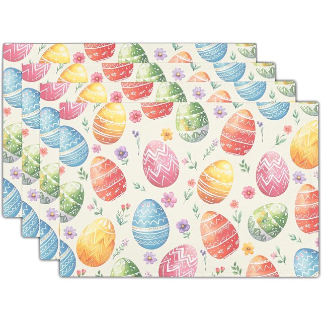 Easter Placemats Set of 4 Spring Colorful Easter Egg Floral Washable Non-Slip Heat Resistant Place Mats 12x18 Inch Rustic Linen Table Mats for Kitchen Dining Party Decor