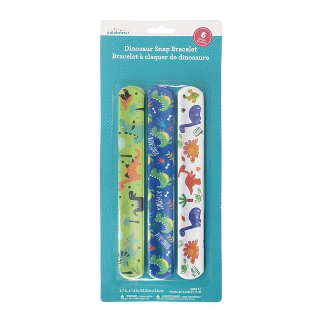 DINO BRACELET set of three kids dinosaur snap bracelets with green, blue, and white bands featuring colorful dinosaur patterns, packaged on a blue card with bilingual Dinosaur Snap Bracelet text and size 8.7 by 1.2 inches.