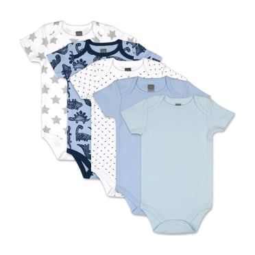 The Peanutshell Baby Boy Short Sleeve Bodysuits, 5 Pack, Blue Dinosaurs