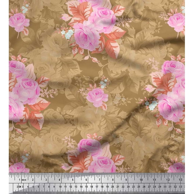 Soimoi Tissu en Poly Georgette Imprimé Feuilles & Roses Floral au Mètre 52 Pouces de Large