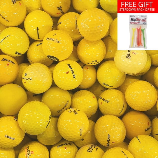 Mulligan - 88 Mix AAA Recycled Used Golf Balls, Yellow, close-up of numerous yellow AAA quality golf balls from mixed brands including Top-Flite, Srixon, Wilson, and TaylorMade with dimpled surfaces. Includes inset of free colorful stepdown tees pack. Eco-friendly and suitable for all skill levels.
