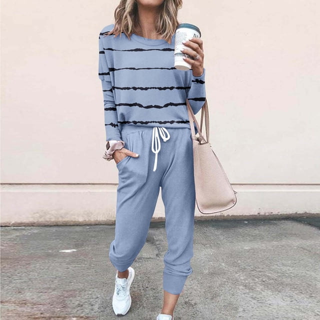 TIMIFIS Sky Blue Track Suits for Women Set Fall Casual 2 Piece Outfits Sweatsuit Long Sleeve Matching with Pants Sweatsuits with Pockets - Spring/Summer