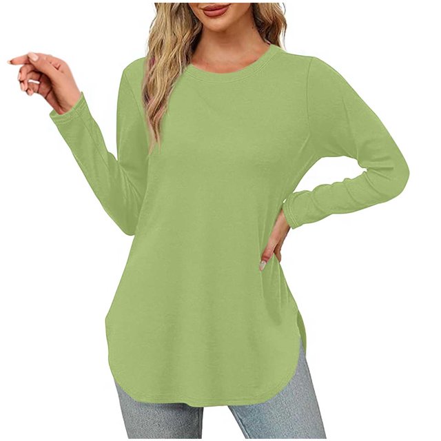 Yuyuzo Womens Tops Crew Neck Long Sleeve Side Split Solid Color Loose Casual Basic Fall Tunic Top