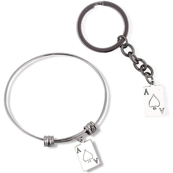 Ace Bracelet | Ace of Spades Bangle Bundled with Keychain Gift for Women Men Jewelry Playing Card Poker and Game Accessories (stainless-steel, womens, alloy)