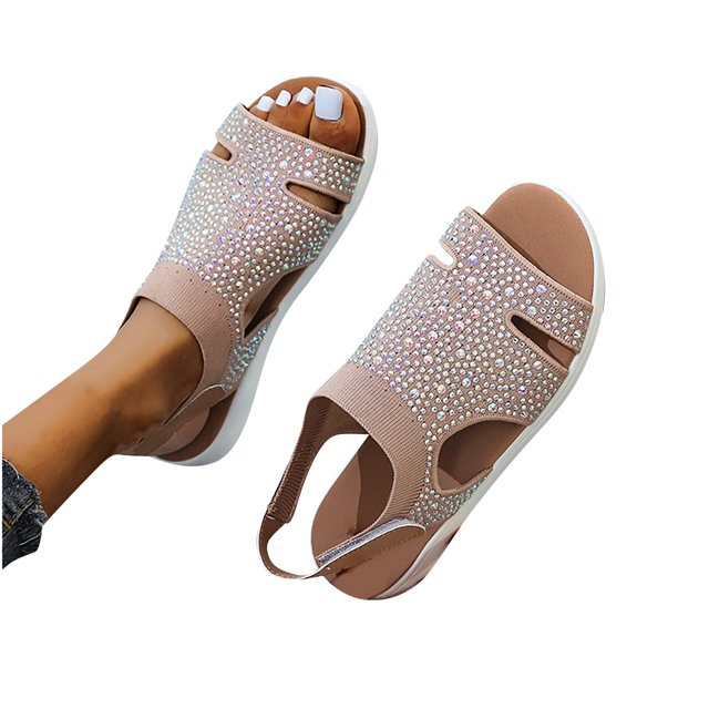 Summer Womens Fashion Breathable Rhinestone Hida Comfortable Shoes Sandals with wedge heels, round toe, and buckle strap closure. These women's sandals feature sparkling rhinestones on a soft PU upper and a durable rubber sole. Ideal for outdoor leisure, casual events, parties, and weddings. Lightweight and breathable design ensures comfort and style.