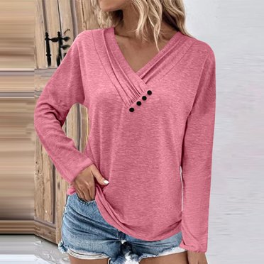 EQWLJWE Pulls pour Femmes Hauts Doux Grande Taille Manches 3/4 Col en V Boutonné Décontracté Ample Tunique Basique Tee-Shirts pour Femmes 2023
