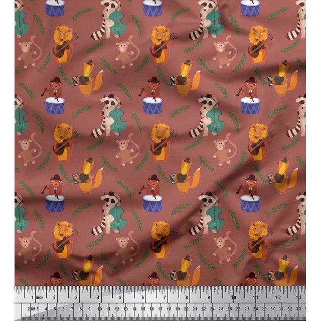 Soimoi Cotton Cambric Fabric Leaves,Musical Instruments & Animals Kids Decor Fabric Printed Yard 56 Inch Wide