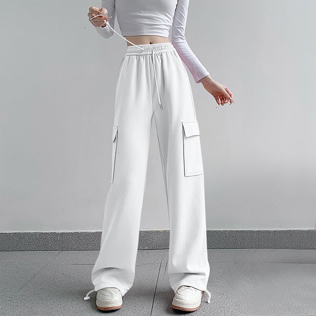RXIRUCGD Women's Solid Color Velvet With Drawstring Wide Leg Workwear Pants, White, Size: S