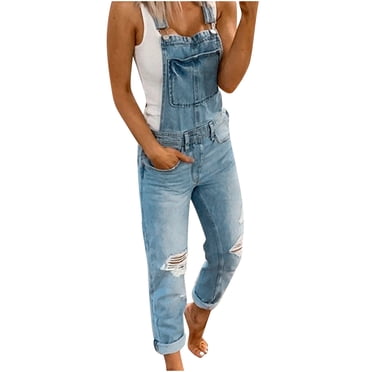 Salopettes à Bavette en Denim Extensible Ajustables Décontractées pour Femmes, Coupe Droite, Jeans Déchirés et Usés, Pantalons, Combinaisons, Salopettes pour Femmes