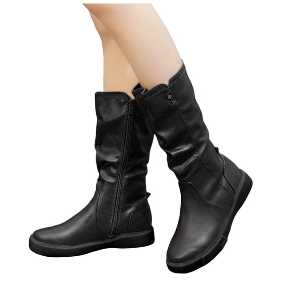 Womens Slouchy Mid Calf Riding Boots Casual Leather Round Toe Flat Low Heel Winter Fall Knight Boots