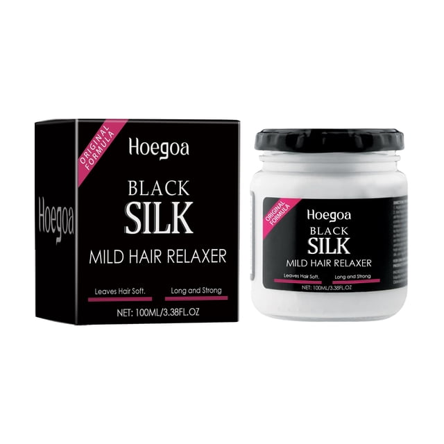 3 In 1 Black Silk Hair Relaxer, Black Silk Gentle Hair Straightener, Suitable For All Hair Types. The image shows a 100ml jar of Black Silk Mild Hair Relaxer alongside its matching black and pink packaging. The product is designed to achieve smooth, straight hair without heated styling tools, featuring a gentle formula suitable for all hair types. The packaging highlights its nourishing ingredients and promises soft, long, and strong hair.