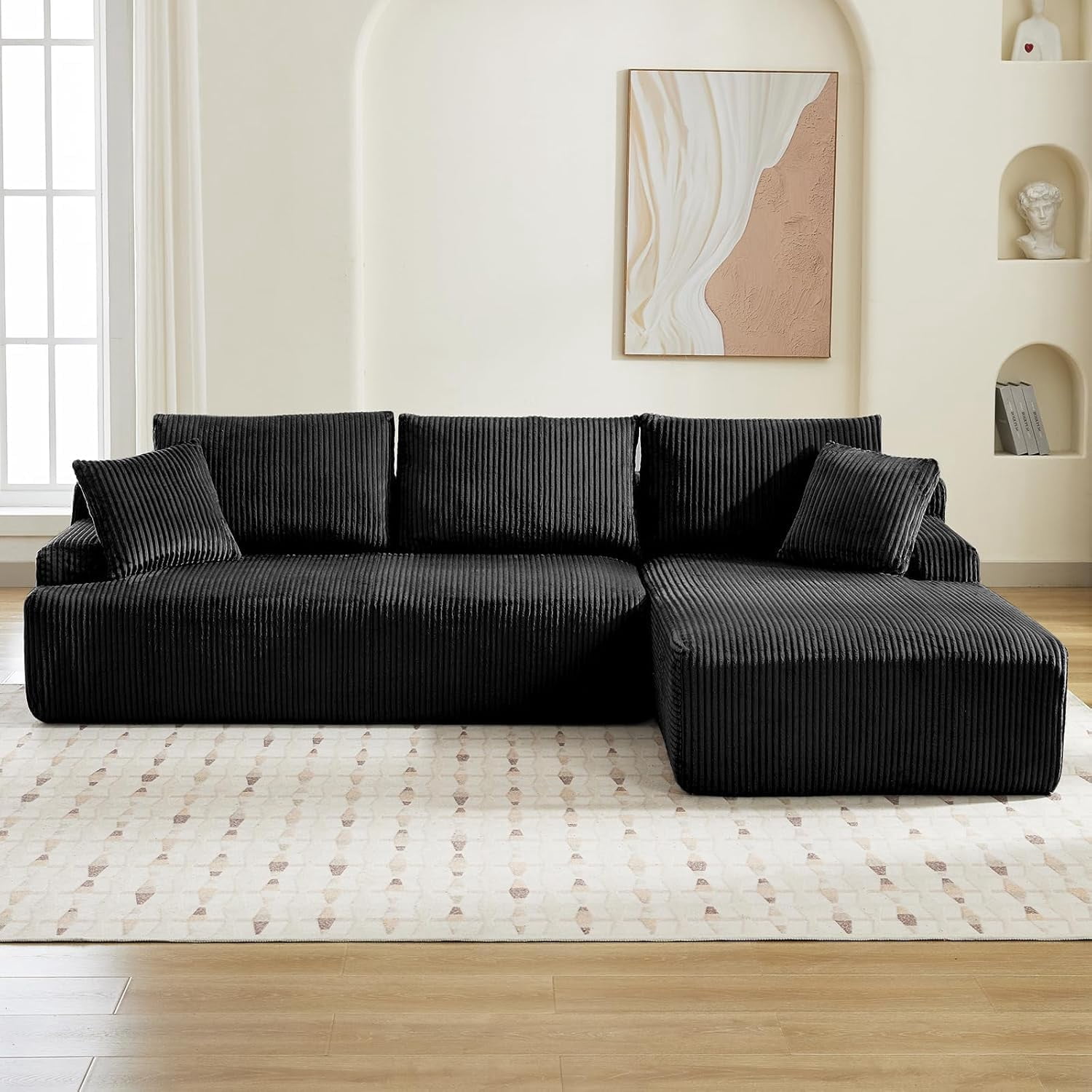 96" Large Comfy Fluffy Corduroy Sofa, l Shaped Cloud Sectional Sofa, 3 Seat Modern Upholstered Corner Couch with 2 Pillows, Left Hand Lounge for Living Room, Office