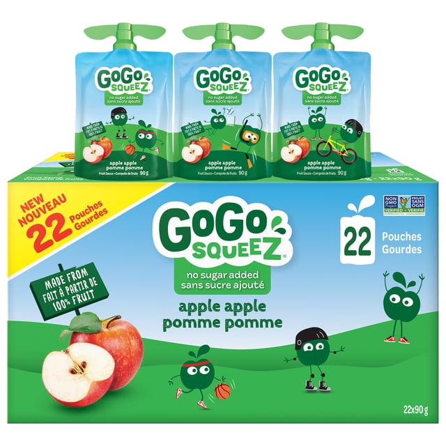 GoGo squeeZ Fruit Sauce Snack Pouches Multi-Pack containing 22 re-closeable 90g Apple Apple fruit puree pouches with no sugar added. Packaging shows playful green apple characters on blue and green backgrounds, highlighting non-GMO, vegan, gluten- and nut-free, school-safe, mess-free fruit snacks ideal for on-the-go.