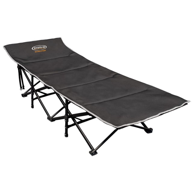 North 49 Ultra Cot with Pad featuring a heavy-duty steel frame, durable black 1200D oxford breathable fabric, removable mesh pad, side accessory pocket, measuring 190 x 71 x 34.5 cm with 440 lbs load capacity, suitable for camping furniture and outdoor use.
