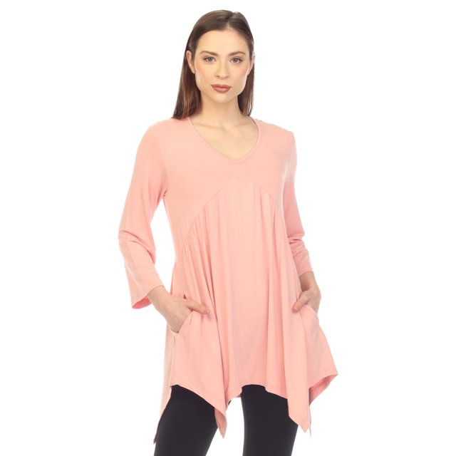 White Mark Women's Empire Waist V-Neck 3/4 Sleeve Tunic Top