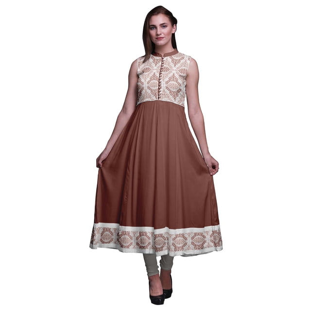 Bimba Robe Anarkali Damassée Brun Rose Foncé Col Mandarin Sans Manches Kurtis pour Femmes Robe Maxi à Imprimé Très Grande