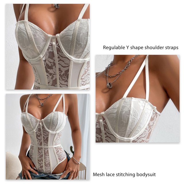 Body Mesh Dentelle Shapewear Bodysuit /2 Tasse Réglable Y Forme Bretelles Maille Dentelle Coutures une Pièce Lingerie