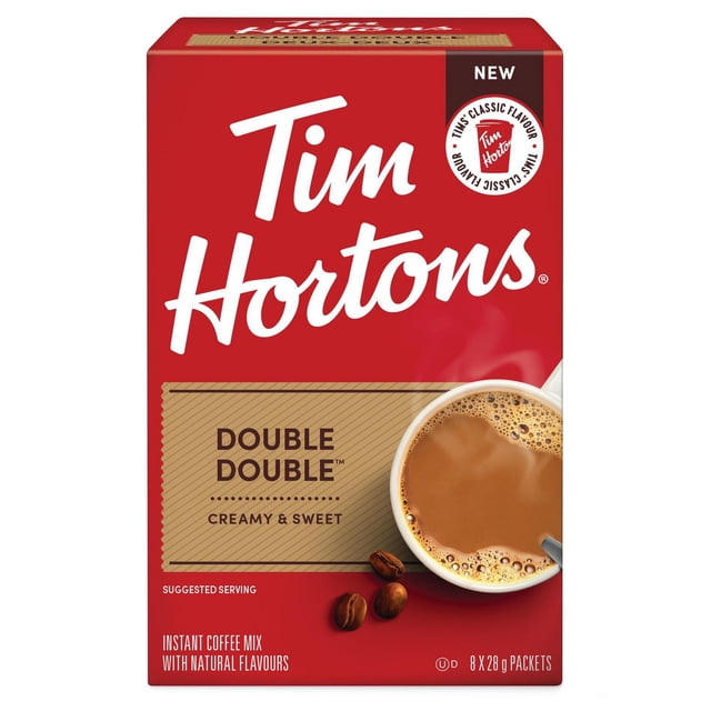 TIM HORTONS DOUBLE DOUBLE PACKET instant coffee mix box in red with a beige label stating Double Double creamy & sweet, showing a steaming cup of coffee with cream and three coffee beans, containing 8 packets of 28 grams each, suitable for quick coffee preparation with natural flavours.