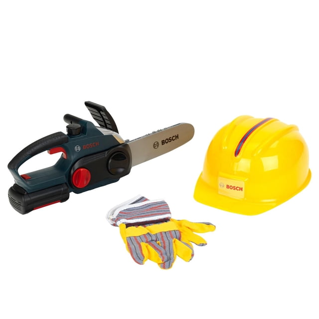 Theo Klein Bosch Toy Chain Saw, Helmet, Gloves set with a blue and black toy chainsaw featuring red controls and Bosch logo, a yellow safety helmet with Bosch branding, and striped work gloves with yellow fingertips, designed for imaginative pretend play in toy tools and sets.