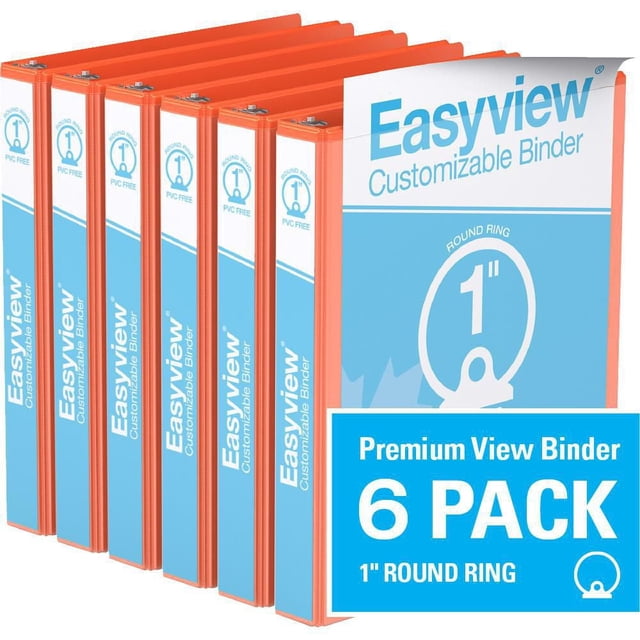 Davis Group Easyview Premium Round Ring Customizable View Binder 6 Pack 1 inch, six orange binders with clear overlay on front, spine, and back covers, made from durable PVC-free polypropylene, featuring back-mounted 1-inch round rings that allow pages to lie flat, suitable for presentations, manuals, and reports.