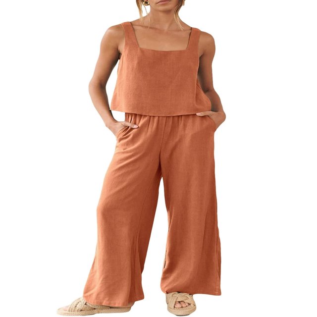 Women‘s 2 Piece Outfits Square Neck Cotton Tank Crop Top Wide Leg Pants Matching Lounge Set Tracksuit Pockets