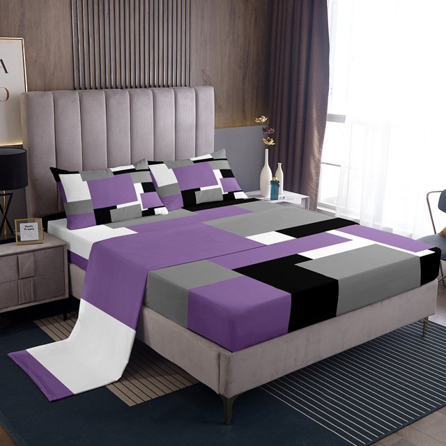 Erosebridal Purple Geometric Queen Sheet Sets, Rectangle Bedding Queen Size, Abstract Room Decor 4pcs
