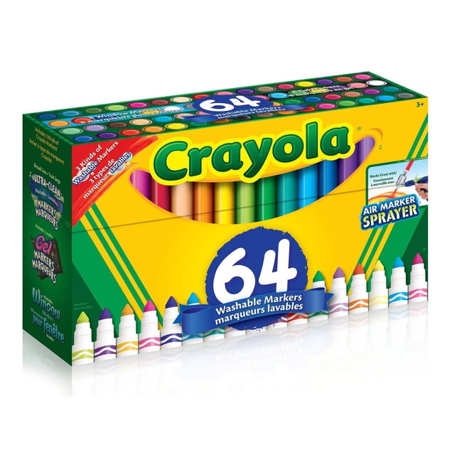 Crayola Washable Marker Variety Pack, 64 Count in a yellow and green box with a clear window showing colorful Ultra-Clean Broad Line, Gel, and Window Markers, suitable for vibrant, washable kids' arts and crafts projects and compatible with an air marker sprayer for added creativity.