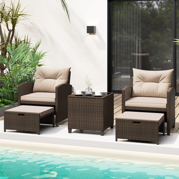 Gymax Set of 5 Patio Rattan Furniture w/ 2 Wicker Ottomans & Tempered Glass Coffee Table