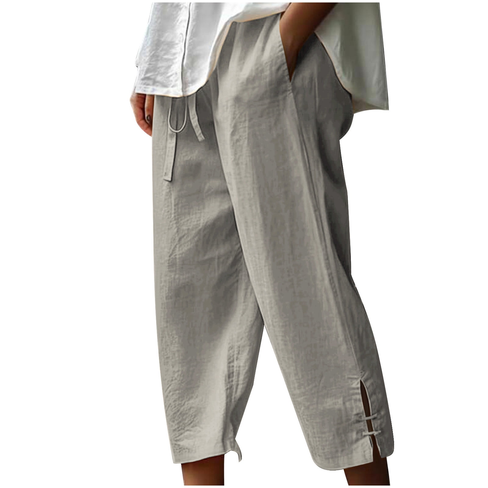 Timegard Womens Cotton Linen Pants Elastic Waisted Drawstring Capri Pants Casual Loose Trousers with Pockets