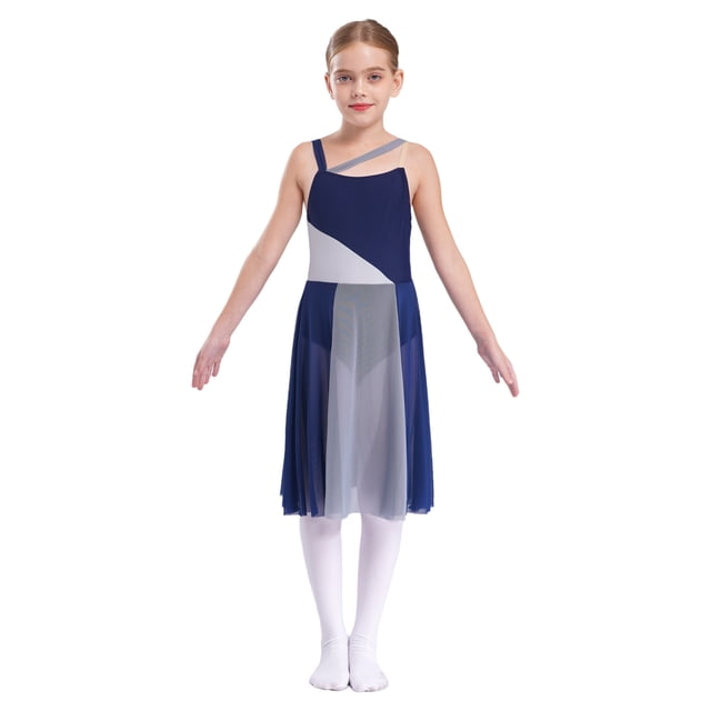 RUNQHUI Robe de Danse Lyrique Sans Manches pour Filles, Justaucorps de Fête, Bleu Marine 14