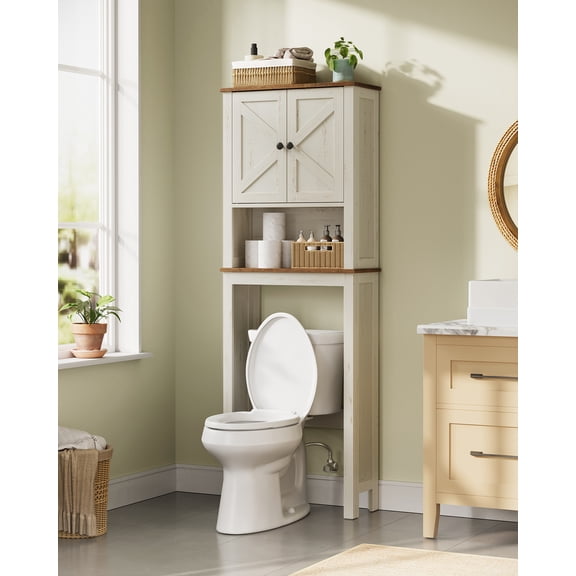 LIRY Collection - Armoire de Rangement au-Dessus de la Toilette, Organisateur de Salle de Bain Style Ferme de 60 cm de Large, avec Portes de Grange, Tablette Ajustable, Gain de Place, Blanc Rustique