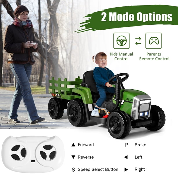 Tracteur Électrique Enfant 12V Avec Remorque Amovible - Télécommande Parentale - 2 Moteurs - Klaxon/Musique/USB/LED - Voiture à Pédales 3+ - Vert