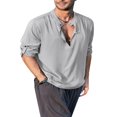 thumbnail image 2 of Men‘s Henley Shirt  Solid Color Long Sleeve Stand Collar Button-Down Loose Simple Linen Beach Tops, 2 of 6