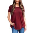 thumbnail image 5 of Femmes T-shirt Couleur Unie Bouton Col Rond T-shirt Fille Haut Col Rond Chemisier à Manches Courtes, Rouge Vin, M, 5 of 5