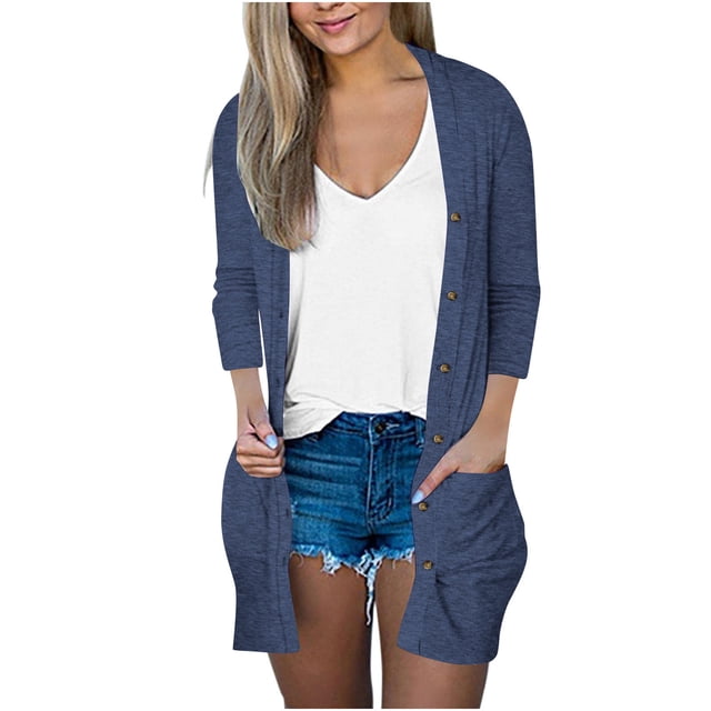 Womens Soft Button Down Cardigan Long Sleeve Light Weight Shirts Jacket Comfy Loose Fall Lounge Wear Tops Dark Blue, M
