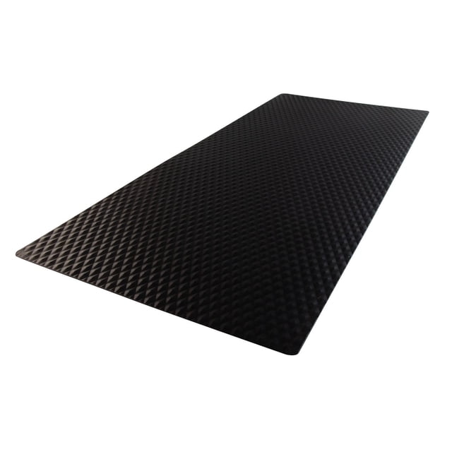 Range Kleen Matte Black Nonslip Counter Mat 8.5 x 20 inches shown at a front angled view with a textured diamond-patterned matte black surface. This heat-resistant mat protects kitchen countertops and tabletops from hot cookware and scratches, featuring a non-slip backing for secure placement. It is also ideal for use in workshops or on appliances such as washers and dryers.