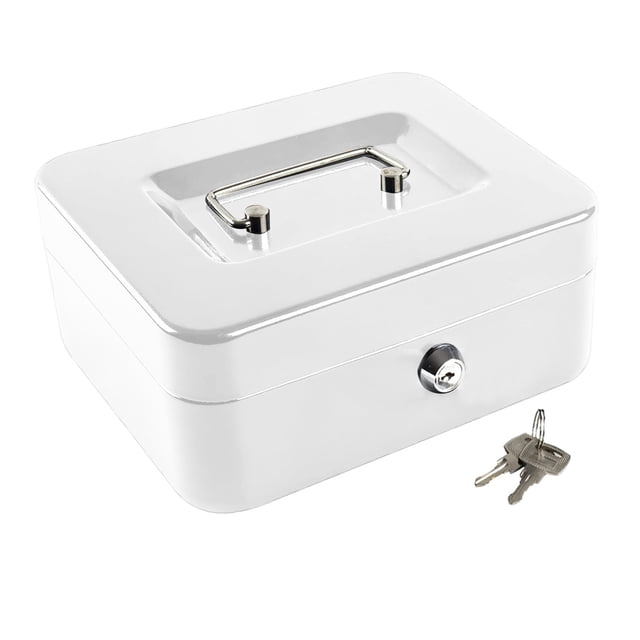 Metal Lock Box with Key, Cash Box with Removable Tray for Money Storage, Home Office Safe, Small Business Use, Durable Security Organizer White