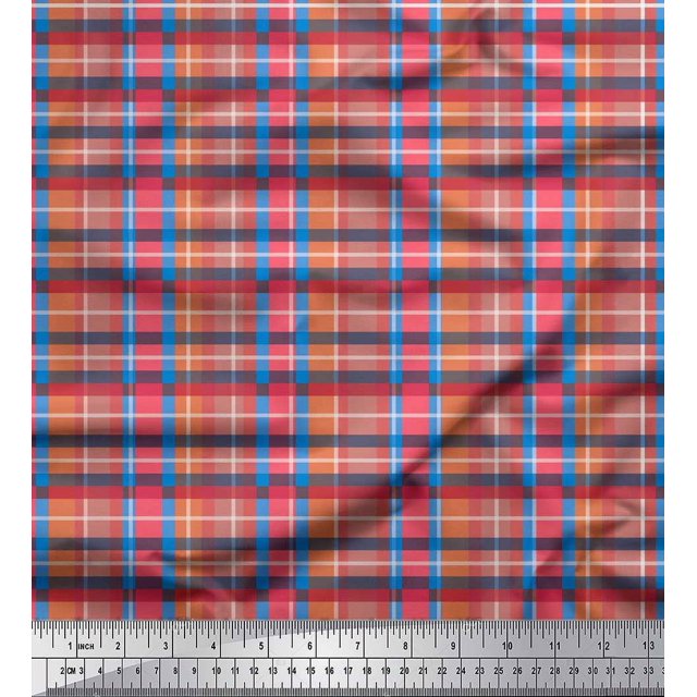 Soimoi Blue Viscose Chiffon Fabric Gingham Check Printed Fabric 1 Yard 42 Inch Wide