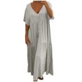 thumbnail image 2 of Robe d'Été pour Femmes 2024 Mode Grande Taille Coton Lin Couleur Unie Ample Col en V Manches Courtes Robe Rabais de 50 % Liquidation!, 2 of 6
